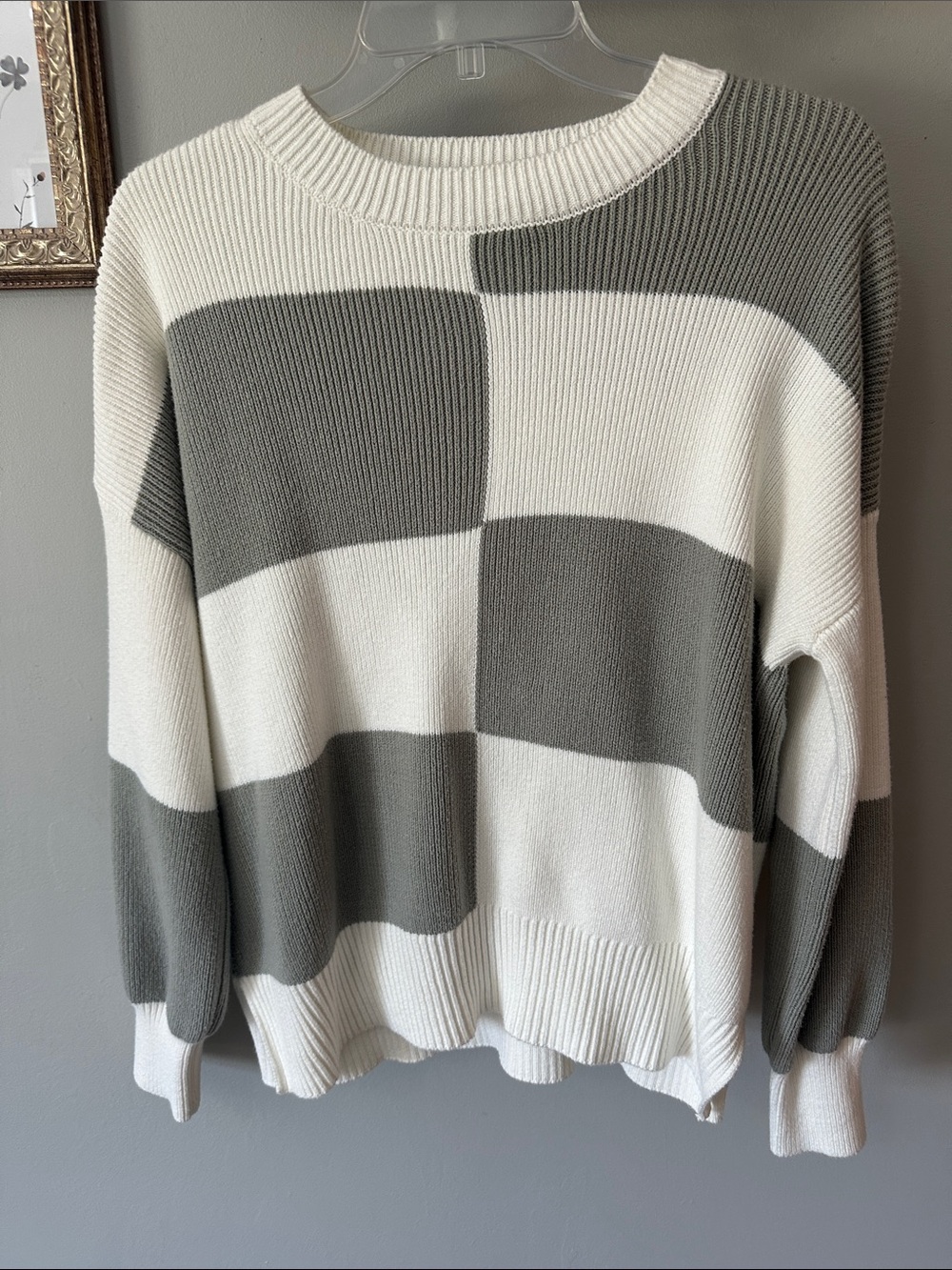 moon & madison Grayish Green and Cream Check Crewneck Sweater
